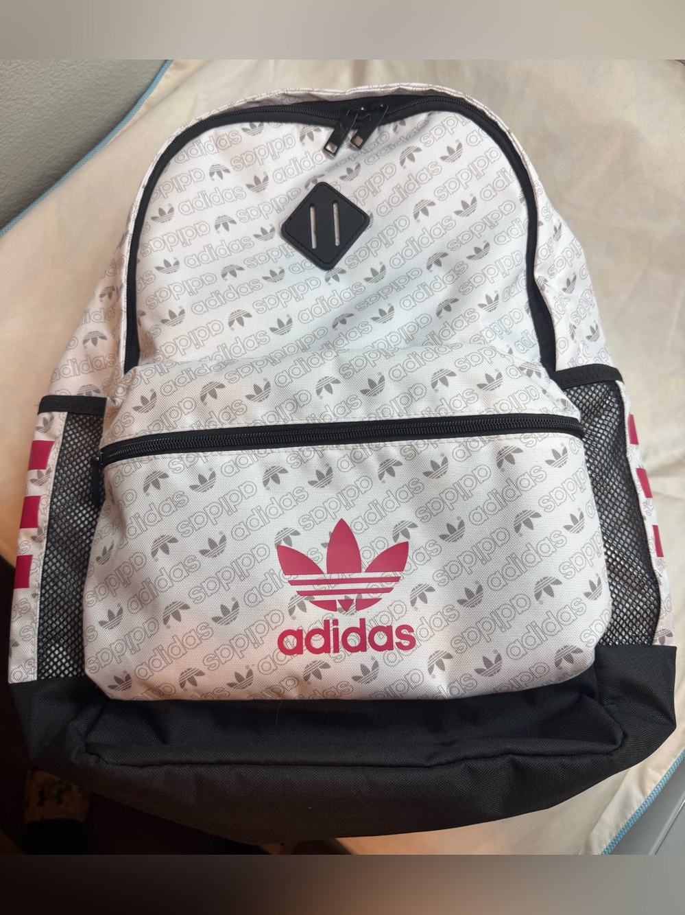 adidas White Backpack with Pink Trefoil and Black Accents